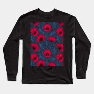 Red poppies and ladybugs on dark blue Long Sleeve T-Shirt